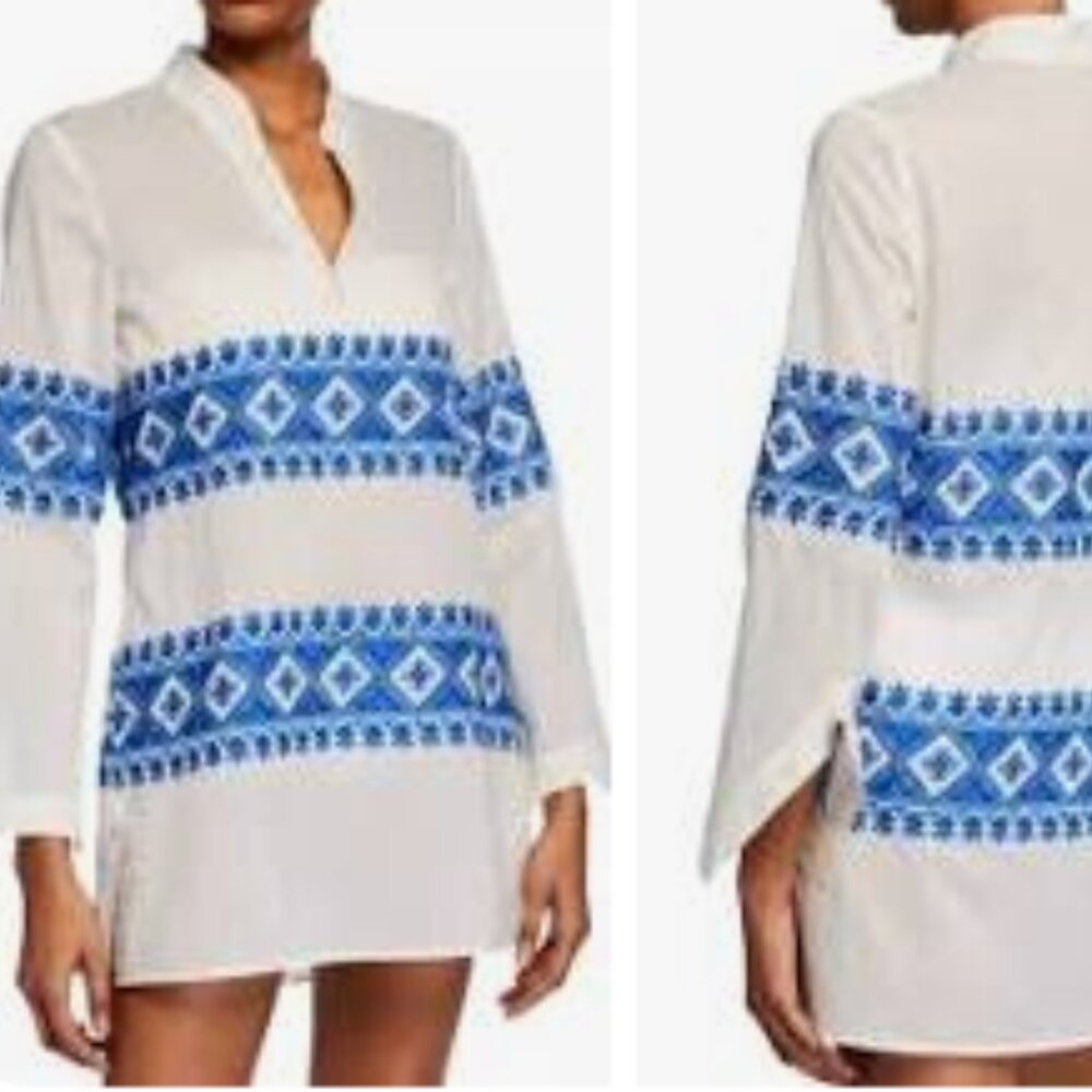 Tory Burch Stephanie Embroidered Coverup Tunic Top Ivory blue L